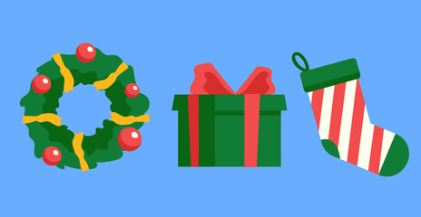Christmas xmas decoration box sock decoration isolated set. Vector flat graphic design illustration 