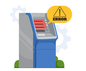 ATM 404 error technology access finance bank concept. Vector flat graphic design illustration