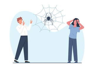 Concept of arachnophobia, man and woman scared of spider. Insect on spiderweb. Male and female in panic. Phobia psychology. Irrational fears, anxiety disorder cartoon flat vector illustration