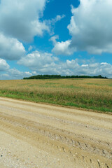 Obraz premium A dry sandy road passes through a field under the scorching sun and clouds. Dirt road outside the city in the village. Arid climate on earth. Climate change and its consequences.