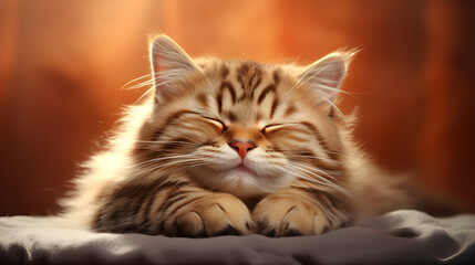 Sleepy brown cat with closed eyes and soft fur rests peacefully, glowing in warm orange light - obrazy, fototapety, plakaty