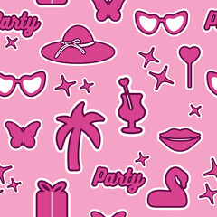seamless pattern, popular pink collection for girls. heart, daisy, shoe, butterfly, star, tree, isolated elements on a pink background. for print, banner, postcard. art vector. barbie  style