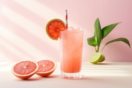  a glass of grapefruit and a grapefruit on a table.  generative ai