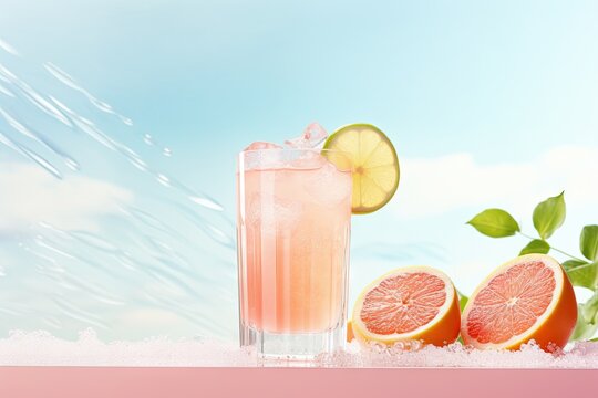  a pink drink with a slice of grapefruit and a lime.  generative ai