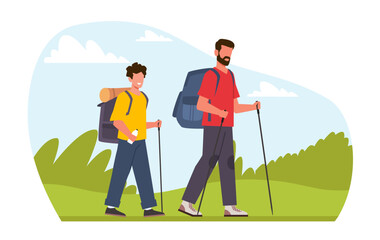 Father and son backpacking through wilderness. Family hiking. summer landscape, explorers adventure, healthy lifestyle and relationships. Cartoon flat style isolated vector concept