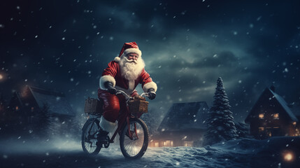 Santa Claus rides a bicycle through a snowy village. Christmas concept. - obrazy, fototapety, plakaty