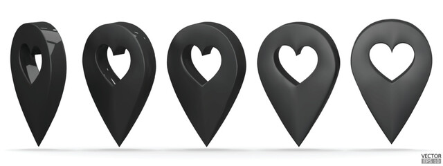 Set of map pointer on heart shape isolated on white background. Black location pin or navigation. 3D Locator mark of map pointer, symbol, position.