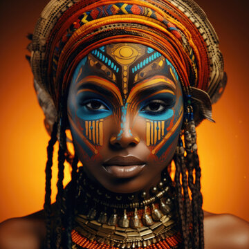African woman with painted face wearing traditional clothes. African ethnicity female portrait