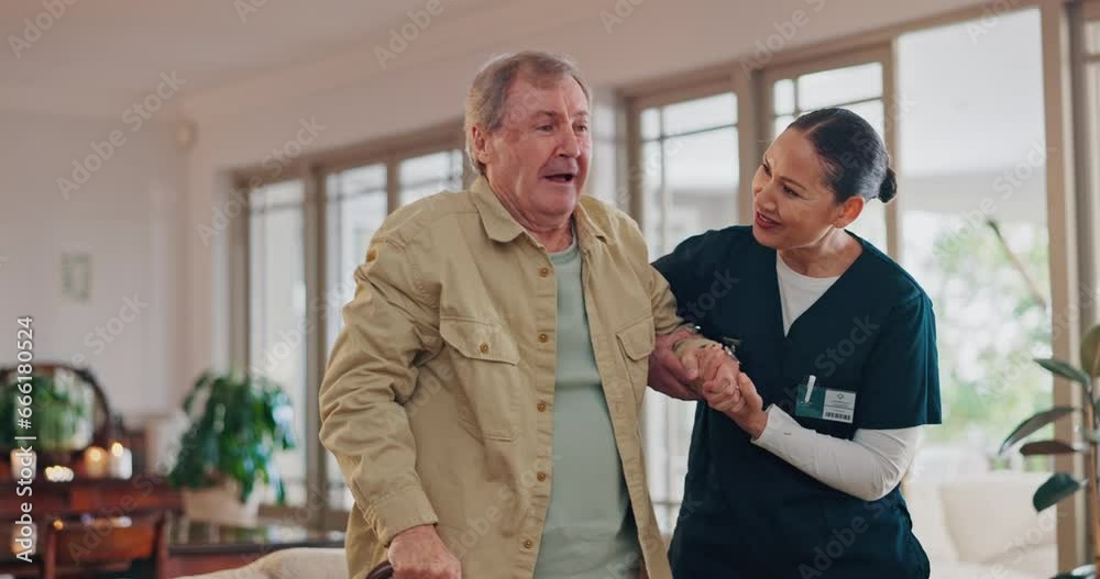 Wall mural Senior man, doctor and woman in elderly care for support, healthcare or trust in living room at home. Female person, nurse or caregiver helping old patient in nursing or walking with cane or stick