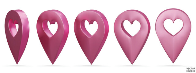Set of map pointer on heart shape isolated on white background. Rose gold location pin or navigation. 3D Locator mark of map pointer, symbol, position.