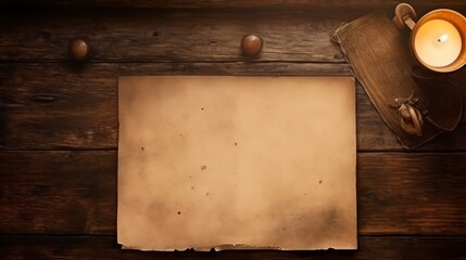 Pirate setting, Blank Ancient Sheet, Parchment, Candlelight, Worn Papyrus, Table. Slightly worn paper for text insertion with piece of cloth and a lit candle as background. Paper aged by time. - obrazy, fototapety, plakaty