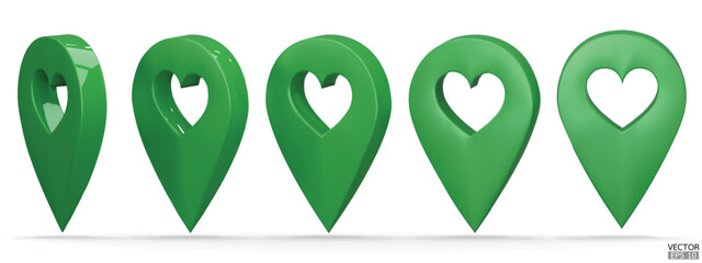 Set of map pointer on heart shape isolated on white background. Green location pin or navigation. 3D Locator mark of map pointer, symbol, position.