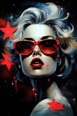 A bold and vibrant painting captures a woman's fiery spirit as she dons her red sunglasses, transforming into a fearless vision with her goggled eyes, statement lipstick, and unique eyewear as her ar