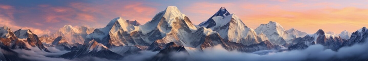 Fototapeta premium As the sun rises over the rugged mountain range, a majestic panorama of snow-capped peaks and fiery skies creates a breathtaking outdoor landscape that awakens the soul to the untamed beauty of natur