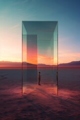 A lone figure enveloped by the sky and surrounded by the outdoor elements, reflecting on the ever-changing water and endless horizon as the sun rises and sets, creating a living landscape within the 