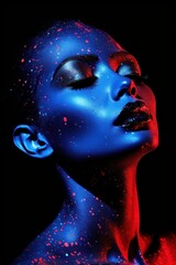 A fierce artist boldly expresses her inner turmoil through a mesmerizing mix of dark hues, with blue and red paint adorning her face in a wild and fluid display of creativity