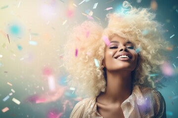 Obraz premium A vivacious girl with a beaming smile, adorned in stylish clothing, exudes confidence and individuality through her striking portrait featuring a woman with a blonde afro