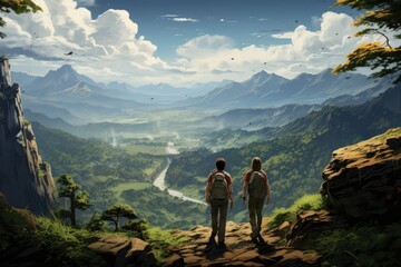Obraz premium man with backpack on top of mountain looking at valley, in the style of poster, zbrush, large canvas format, low-angle, traditional