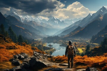 Fototapeta premium man with backpack on top of mountain looking at valley, in the style of poster, zbrush, large canvas format, low-angle, traditional