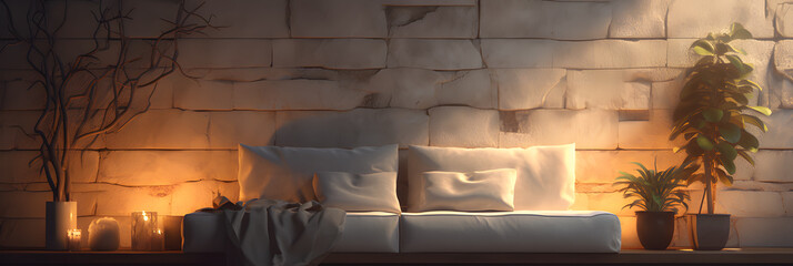 a couch and pillows in room with plants and wall ai generative