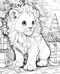 Coloring book for children, Christmas lion cub with gifts.