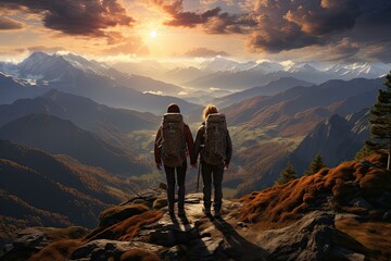 Fototapeta premium man with backpack on top of mountain looking at valley, in the style of poster, zbrush, large canvas format, low-angle, traditional