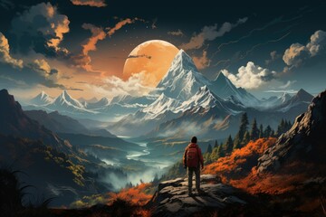 man with backpack on top of mountain looking at valley, in the style of poster, zbrush, large canvas format, low-angle, traditional - obrazy, fototapety, plakaty