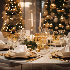 Elegantly Extravagant Christmas Dining: Ethereal Trees, Vray Tracing, White and Red Decor, Candles, and Flowers in a Formal Setting