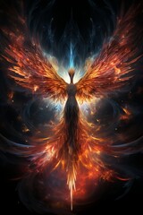 Illustration of an angelic woman, colorful wings, fire wings. Generative ai