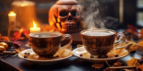 Two cups of mysterious coffee, Halloween decorations. Generative AI