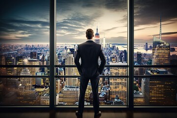 a successful motivated inspirational entrepreneur businessman looking out at city buildings