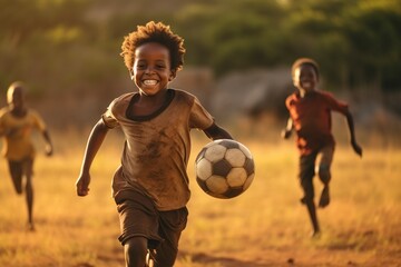 african children are playing football with happy friends