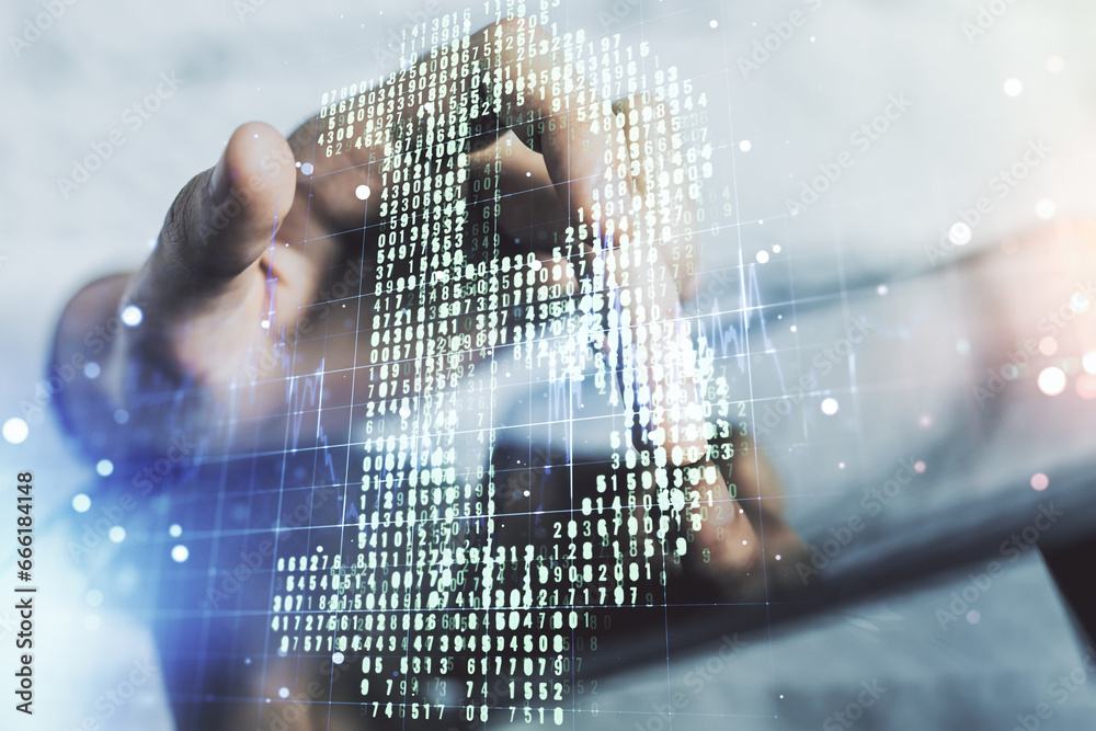 Poster creative bitcoin concept with finger presses on a digital tablet on background. double exposure