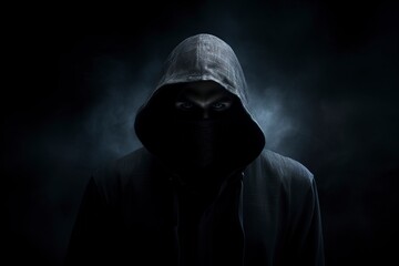hooded man on dark background - obrazy, fototapety, plakaty