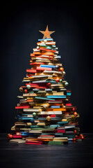 Cristmas tree made of colorful books. Art installation. Minimalism