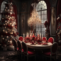 Elegantly Extravagant Christmas Dining: Ethereal Trees, Vray Tracing, White and Red Decor, Candles, and Flowers in a Formal Setting