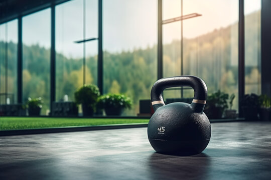 kettlebell on the wooden floor in the gym against the background of the natural landscape
