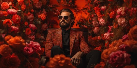 A solitary figure sits among the vibrant blooms, his clothing a stark contrast to the delicate red rose in his hand, as he contemplates in the serene indoor setting