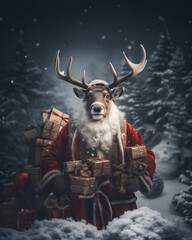 Reindeer like santa with gifts. Cristmas atmosphere. Winter