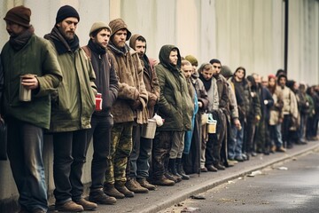 group of homeless people queuing to eat - obrazy, fototapety, plakaty