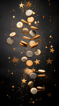 Cristmas cookies flying away on grey background.