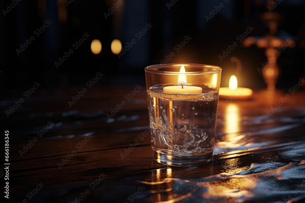 Poster A simple yet elegant image of a glass of water with a lit candle in the background. Perfect for creating a calming and peaceful atmosphere.