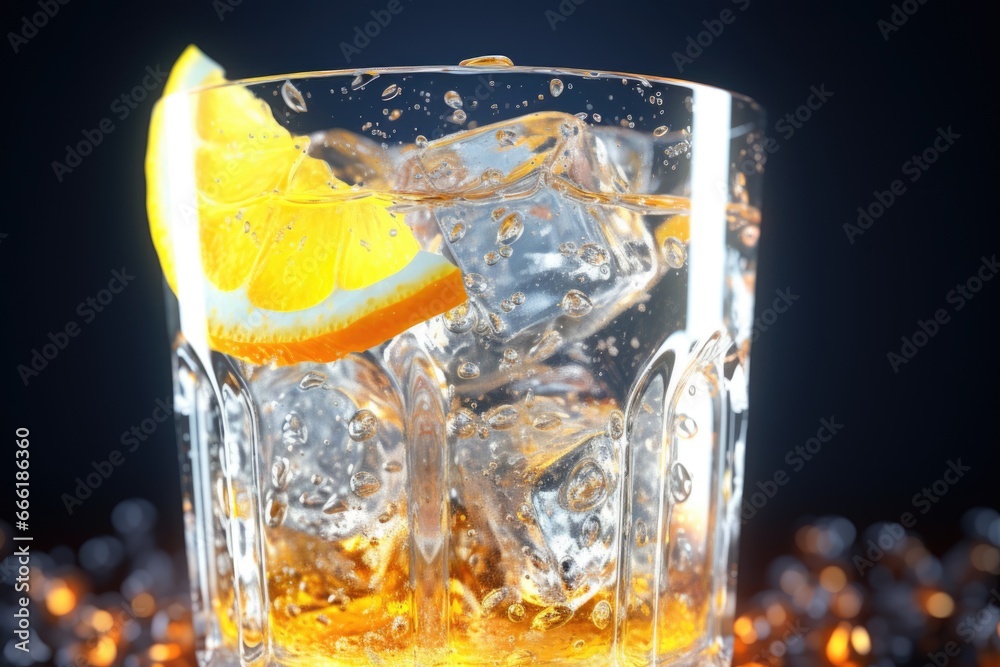 Poster A glass filled with ice and adorned with a refreshing slice of orange. Perfect for summer drinks and cocktails.