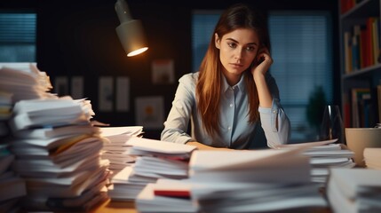 Young female employee working on stacks of papers to search for information and check documents on the desk. 