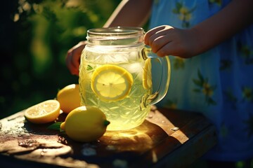 A person is holding a jar of refreshing lemonade on a cutting board. This image can be used to illustrate homemade lemonade, summer beverages, or healthy lifestyle concepts. - Powered by Adobe