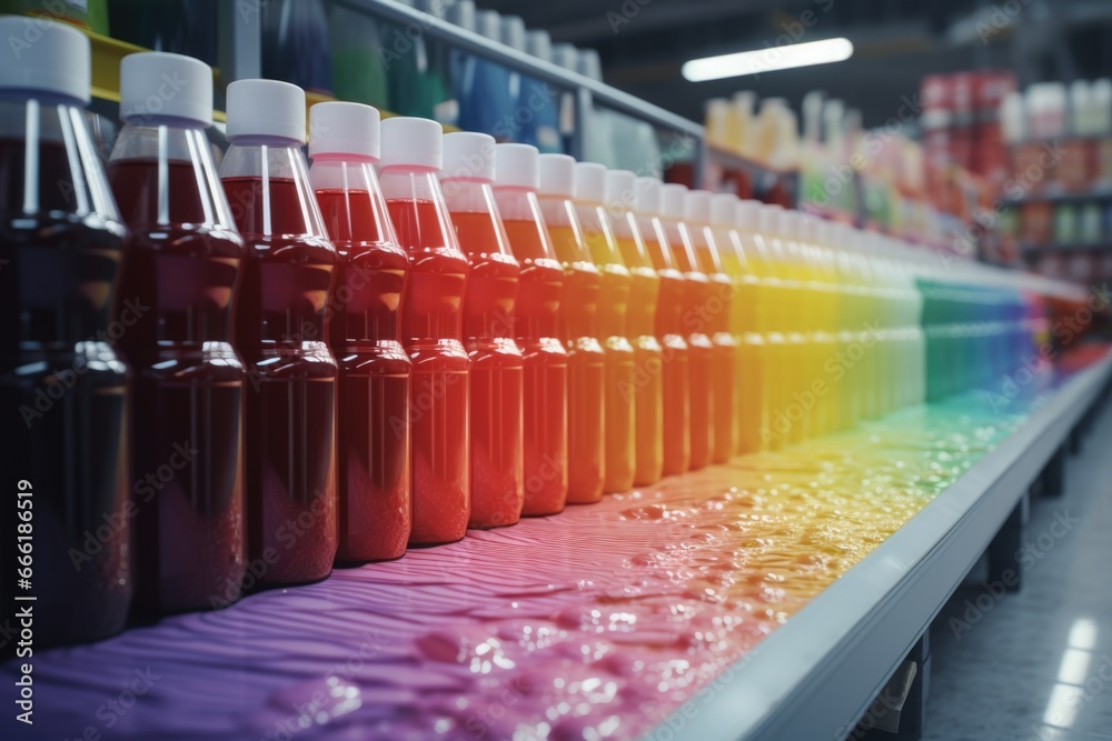 Poster A row of bottles filled with different colored liquids. This versatile image can be used to represent variety, experimentation, chemistry, or creative concepts.
