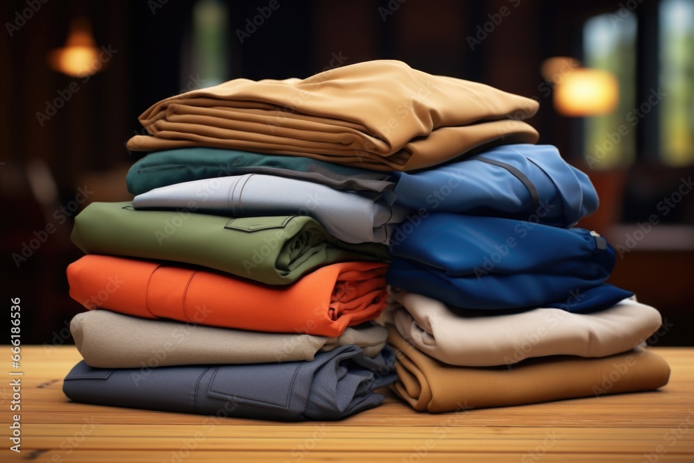 Poster a neat stack of folded clothes sitting on top of a wooden table. perfect for showcasing fashion or o