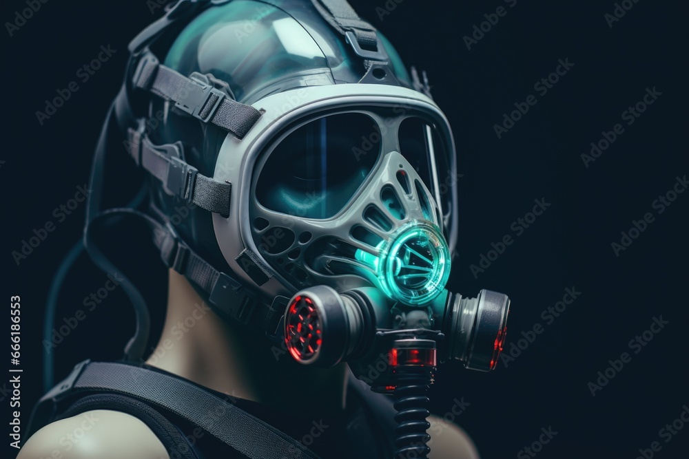 Poster a man wearing a gas mask with a green light shining on his face. this image can be used to depict th