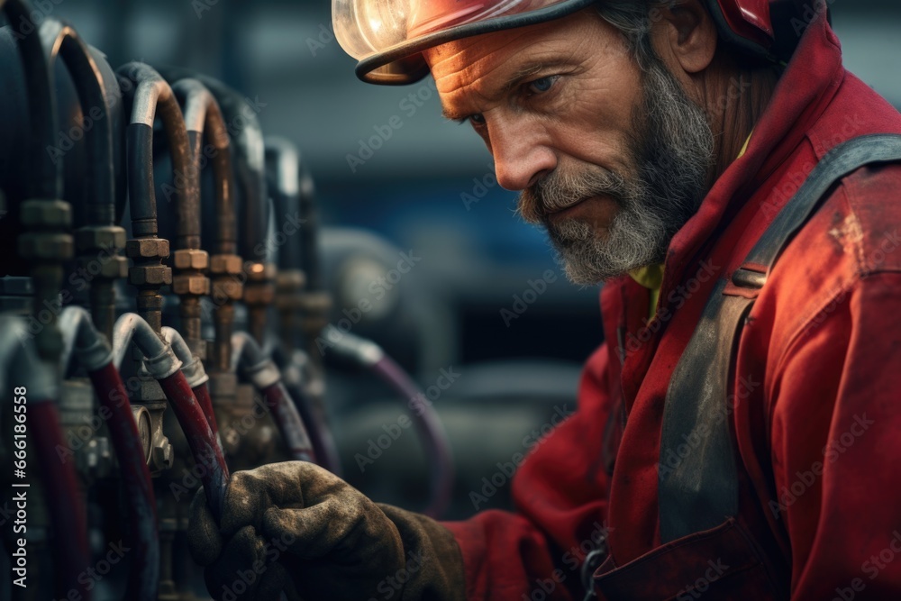 Poster a man wearing a hard hat is seen working on pipes. this image can be used to illustrate construction