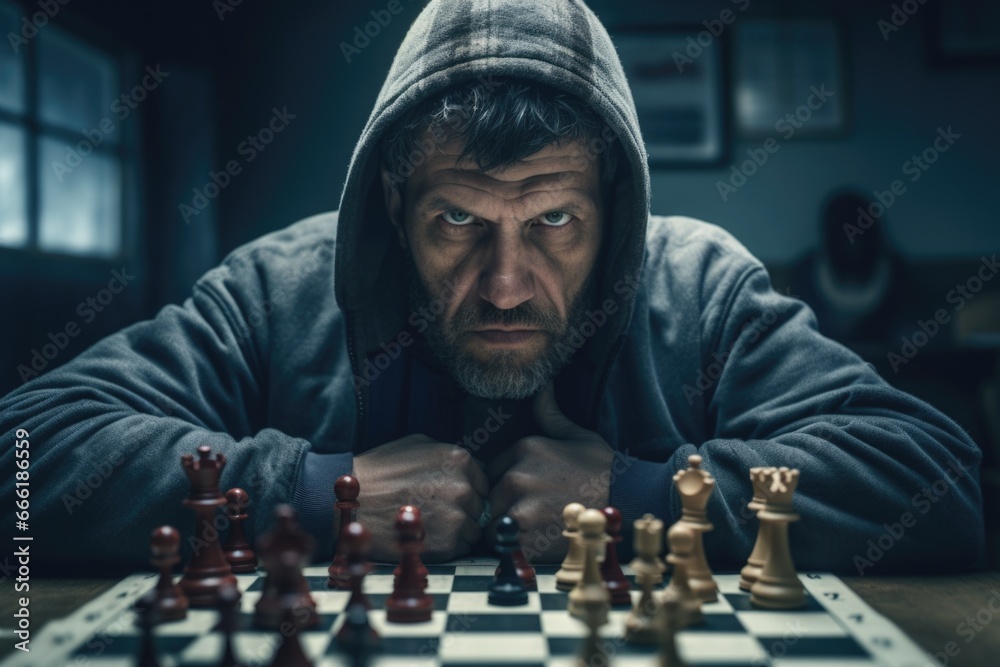 Poster A man is depicted sitting at a table with a chess board. This image can be used to represent strategy, critical thinking, decision-making, or leisure activities.